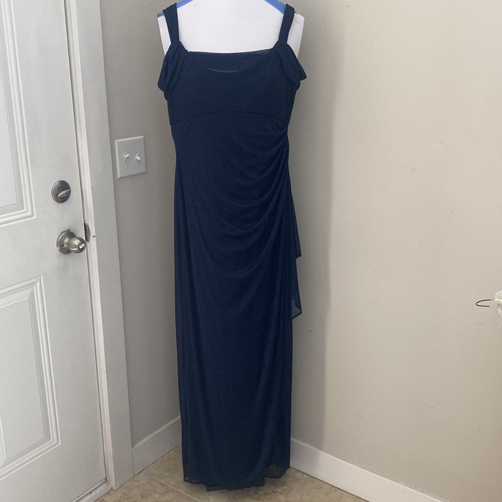 Alex Evenings Navy Glitter Mesh Cold Shoulder Formal Gown 8